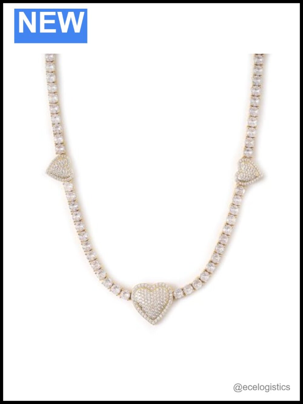 Heart Tennis Chain Necklace 14K Gold Plated 16 Inch CZ Choker Jewelry